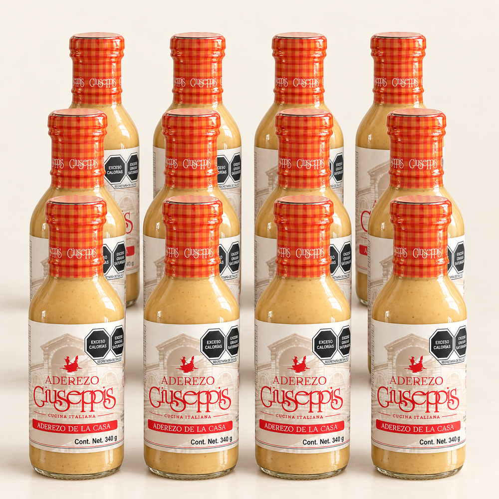 Pack de 12 botellas de Aderezo Giuseppis de 340 g sobre fondo crema