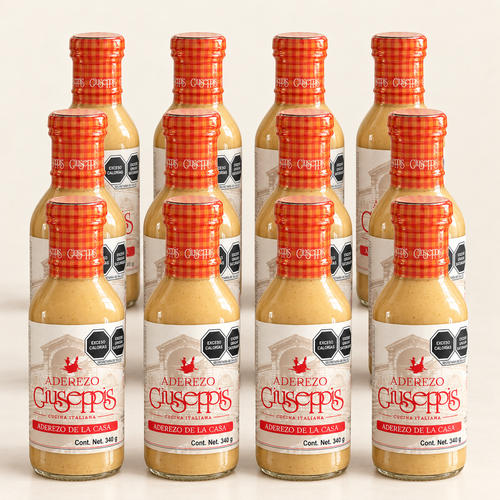 Pack de 12 botellas de Aderezo Giuseppis de 340 g sobre fondo crema